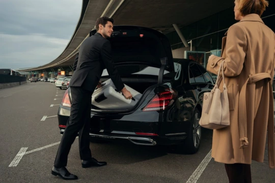 Chauffeur putting luggage of a passenegr in the trunk of a luxury sedan